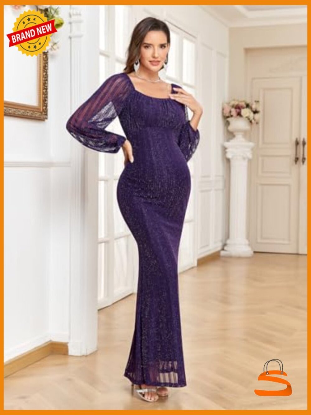 Sparkly Mesh Maternity Dress Long Sleeve Square Neck Maxi - Picture 4 of 7